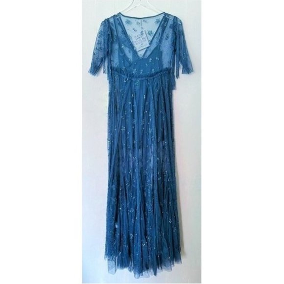 HOST PICK ❤️ FREE PEOPLE SASCHA TEAL BLUE SEQUIN TULLE MAXI DRESS 0 NWT FAIRY - Picture 5 of 13